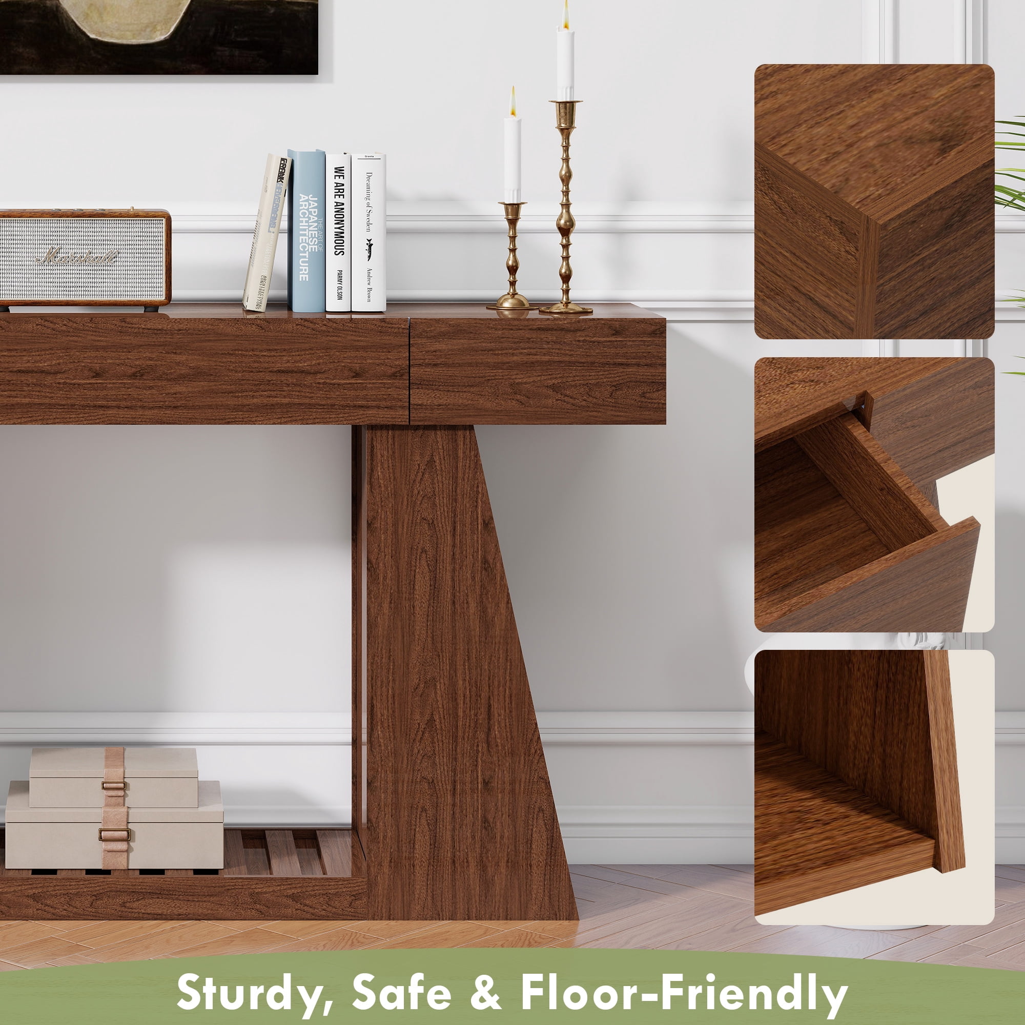 Console Table 59.84 Inch, Narrow Sofa Table with Built-In Power Outlet and Storage Shelf, Entryway Foyer Table and Behind Couch Table, Natural Wood and Brown
