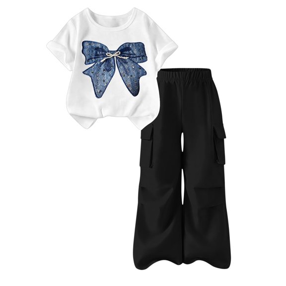 OGLCCG Girl's 2 Piece Summer Outfits Bow Knot Crew Neck Short Sleeve Tee and Cargo Pants Teen Tween Going Out Clothing Sets with Pockets 5-15 Years