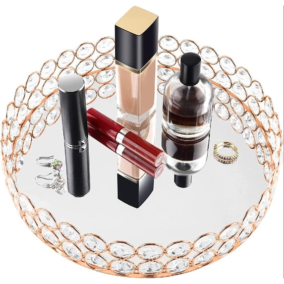 Perfume Mirrored Trays for Vanity Makeup Organizer, Crystal Cosmetic Storage for Bedroom Dresser, Round Sliver Glass Decorative Tray for Jewelry, Skin Care Storage for Bathroom(Rose Gold)