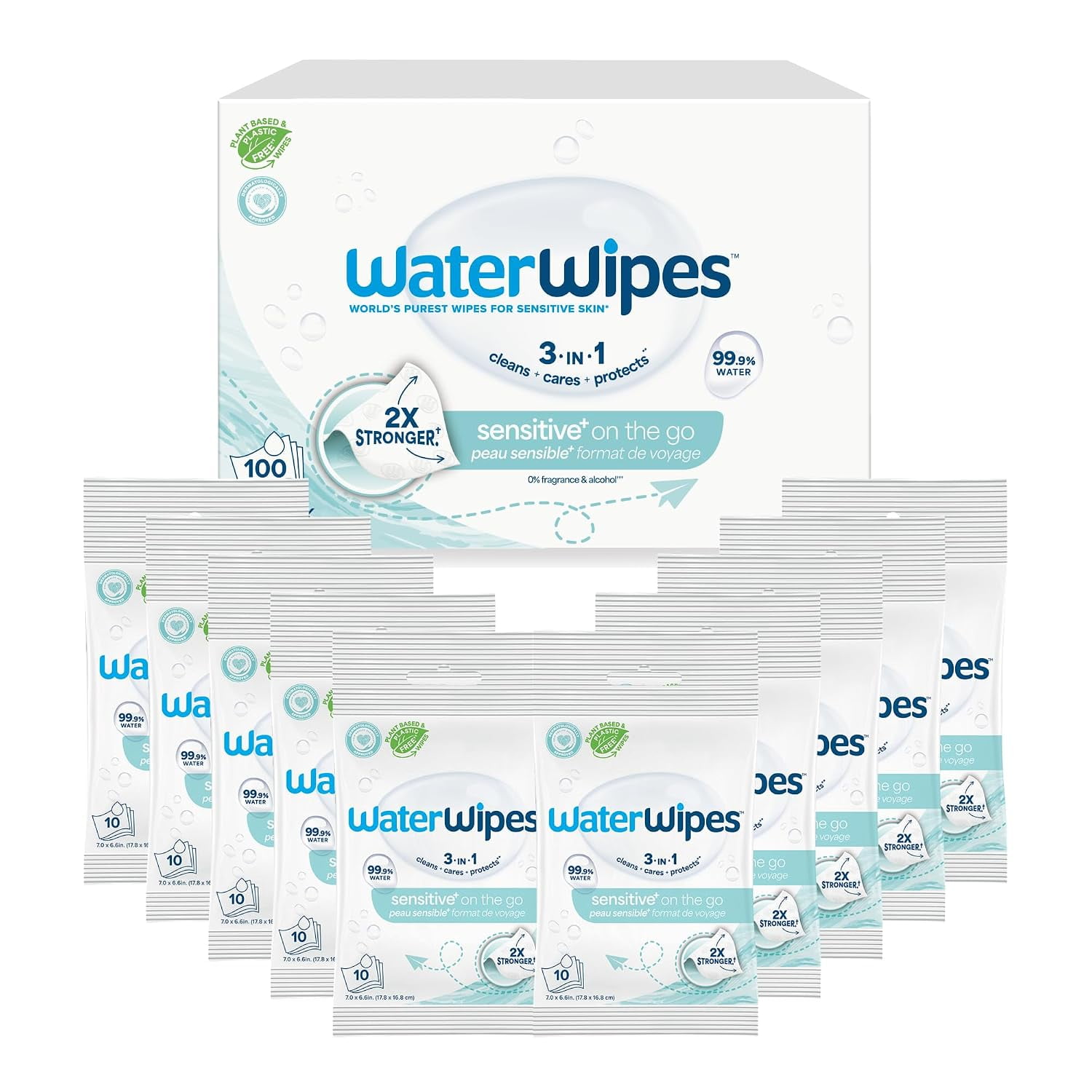 WaterWipes Sensitive+ On The Go Wipes, 3-In-1 Cleans, Cares, Protects, 99.9% Water, Unscented & Hypoallergenic Wet Wipes, 100 Count (10 Packs)