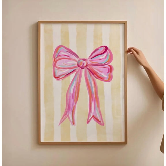 Preppy Pink Bow Print, Trendy Aesthetic Wall Art, Colorful Ribbon Poster, Girly Dorm Room Decor, Stripes Line Watercolor Wall Art, Modern Wall Decor, 8x12 UNFRAMED