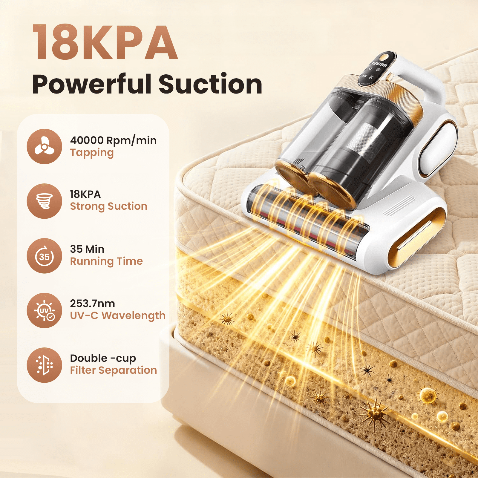 KANFUAQ Mattress Vacuum Cleaner, 18Kpa/30Mins Cordless Bed Vacuum with UV Light & LED Display, Handheld Vacuum for Bed Couch Crib