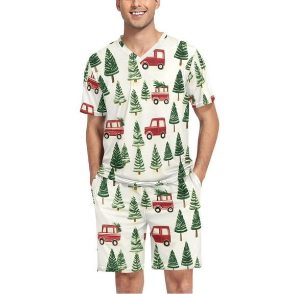 joogoo Men's Pajama Set Christmas Tree Trucks V-Neck Pj Shorts Set 2 Piece Loungewear Sleepwear L