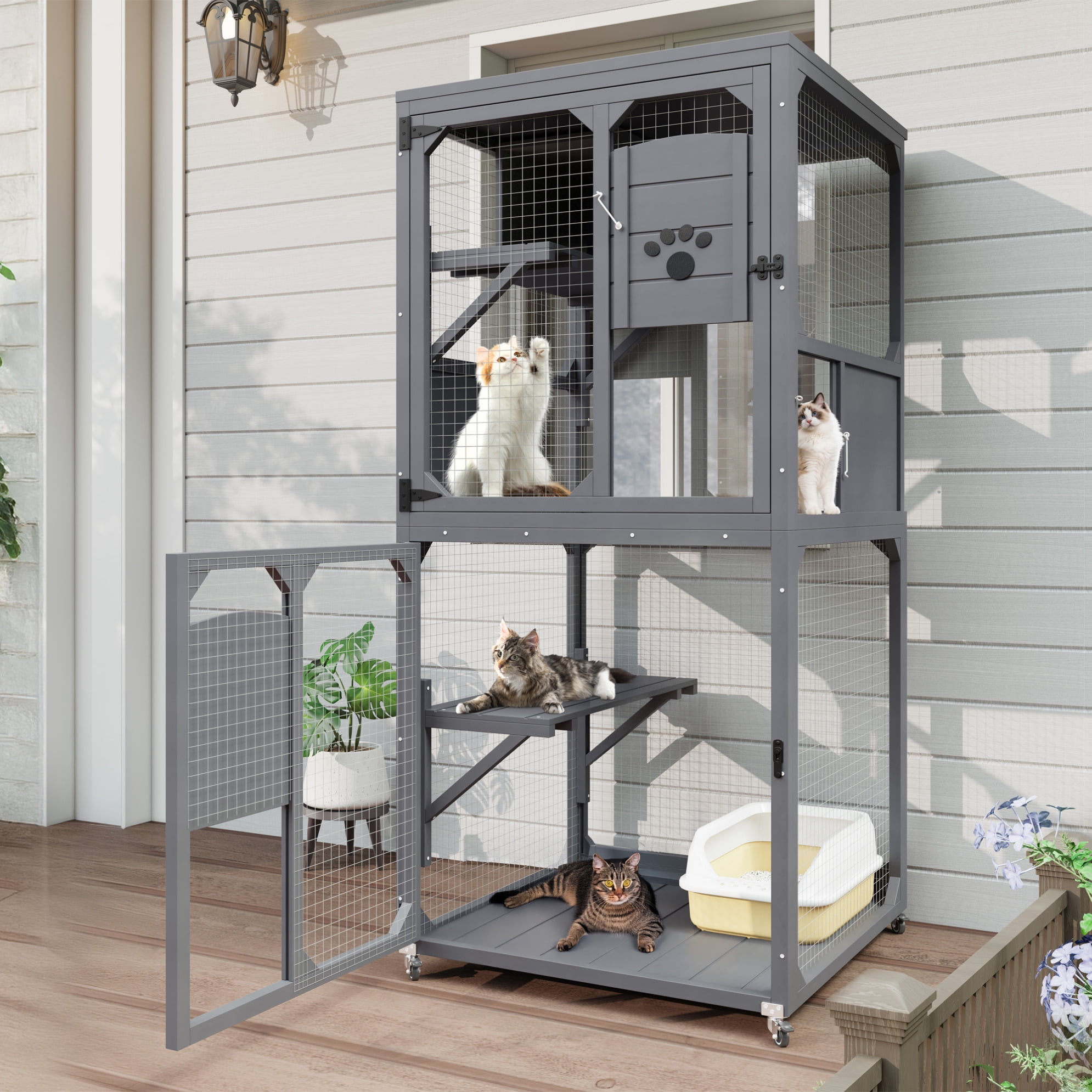 Outdoor Cat Enclosure with Window Access, 4-Tier Cat House with Wheels, Waterproof Roof and Resting Box for Large Indoor Cats, Gray
