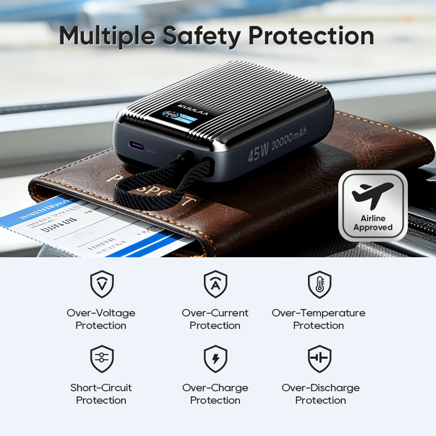 Kuulaa 20000mAh 45W Power Bank with Built-in Cable & Smart Display, Fast Charger Compatible for iPhone 17/16/15/14, Samsung, iPad, Laptop