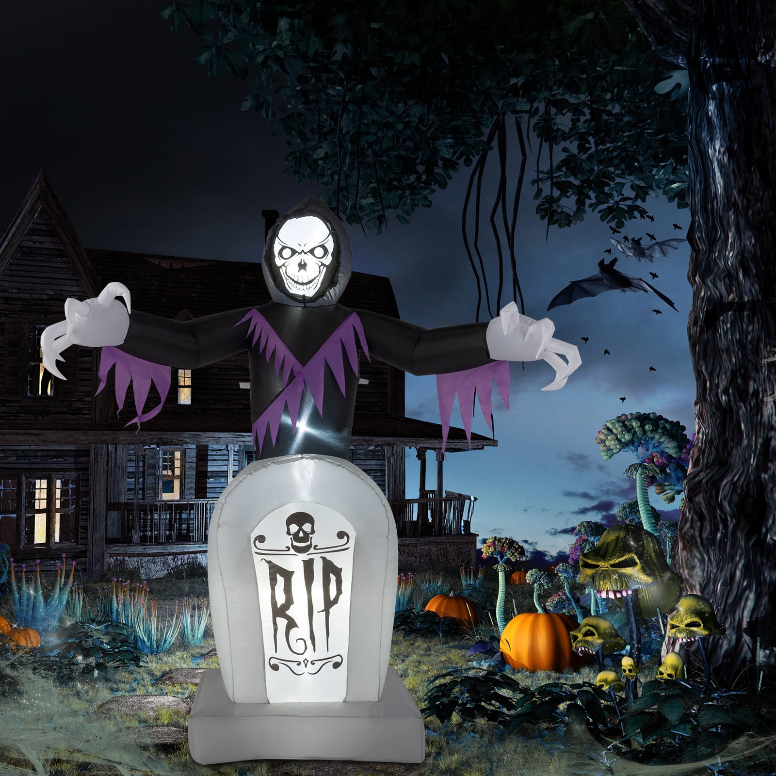 Astoutdoor 6ft Halloween Inflatable Grim Reaper and Grave Decoration with 3 LED Lights