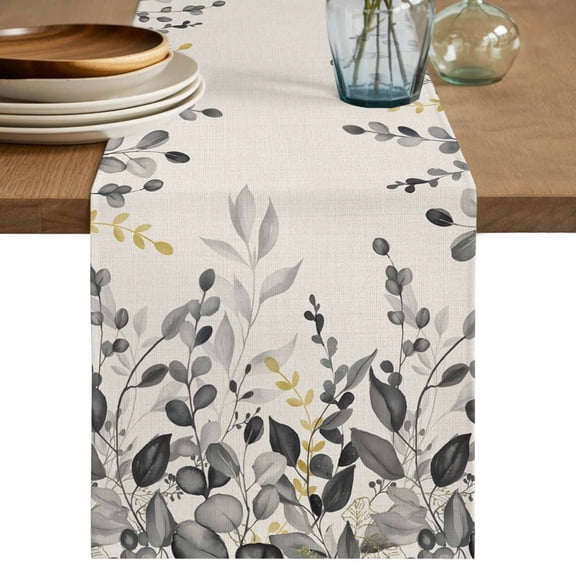 Table Runner - 72 Inch Long, Grey Eucalyptus Kitchen Dining Table Runner Dresser Scarves, Farmhouse Weeping Leaves on Linen Farmhouse Decor for Coffee Tables Wedding Party Banquet