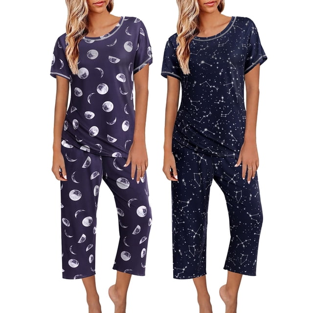 WTXUE Ensembles de Pyjama 2 Pack : Hauts de Pyjama pour Femmes Pantalons Capri Imprimés avec Poches Ensemble de Pyjama 2 Ensembles TG
