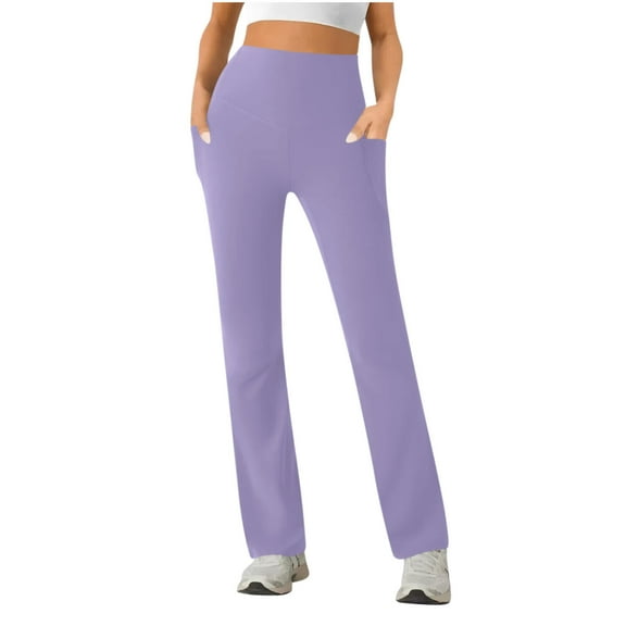 Ecqkame Women's Yoga Pants Fashion Solid Color Elastic Waist Long Pants Wide Leg Breathable Sports Pockets Trousers Purple L