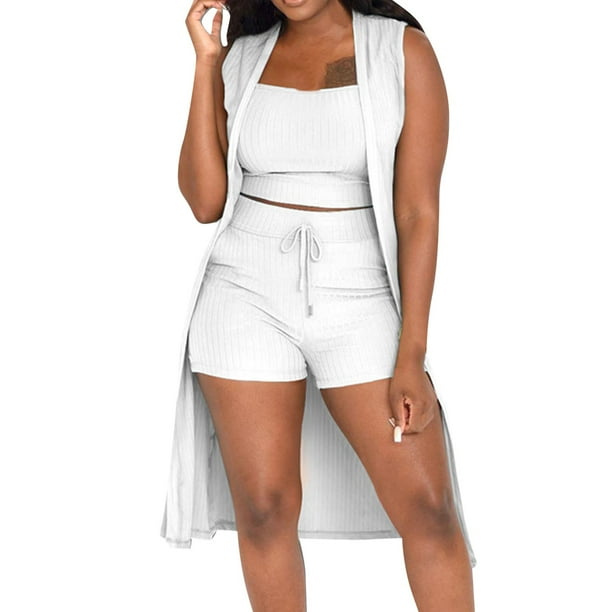 Conjunto de 3 piezas para mujer con chaleco sin mangas acanalado y pantalones cortos: conjunto informal elástico de color liso para salir de fiesta o para el día a día (tallas S-XXL)