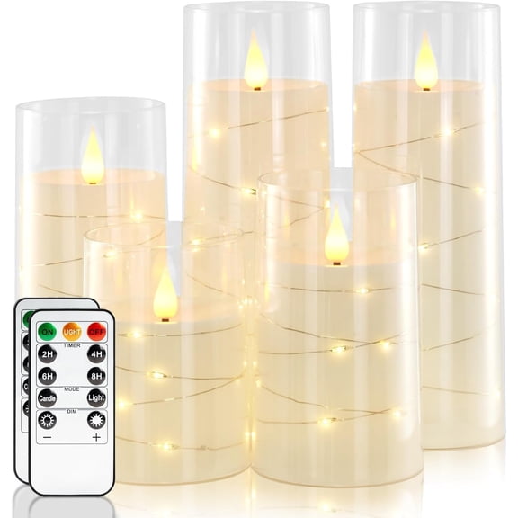 Homemory Pure White Flameless Candles with Embedded Star String Fairy Lights, Battery Operated Candles, LED Candles, Fake Candles with Remote Control and Timer, Set of 5(H4 5" 6" 8" 8")