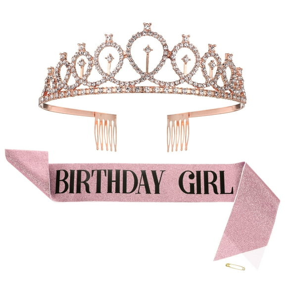 Uxcell Sash and Rhinestone Crown Set, 1 Set Birthday Sash and Tiara Birthday Decoration Kit Pink/Black