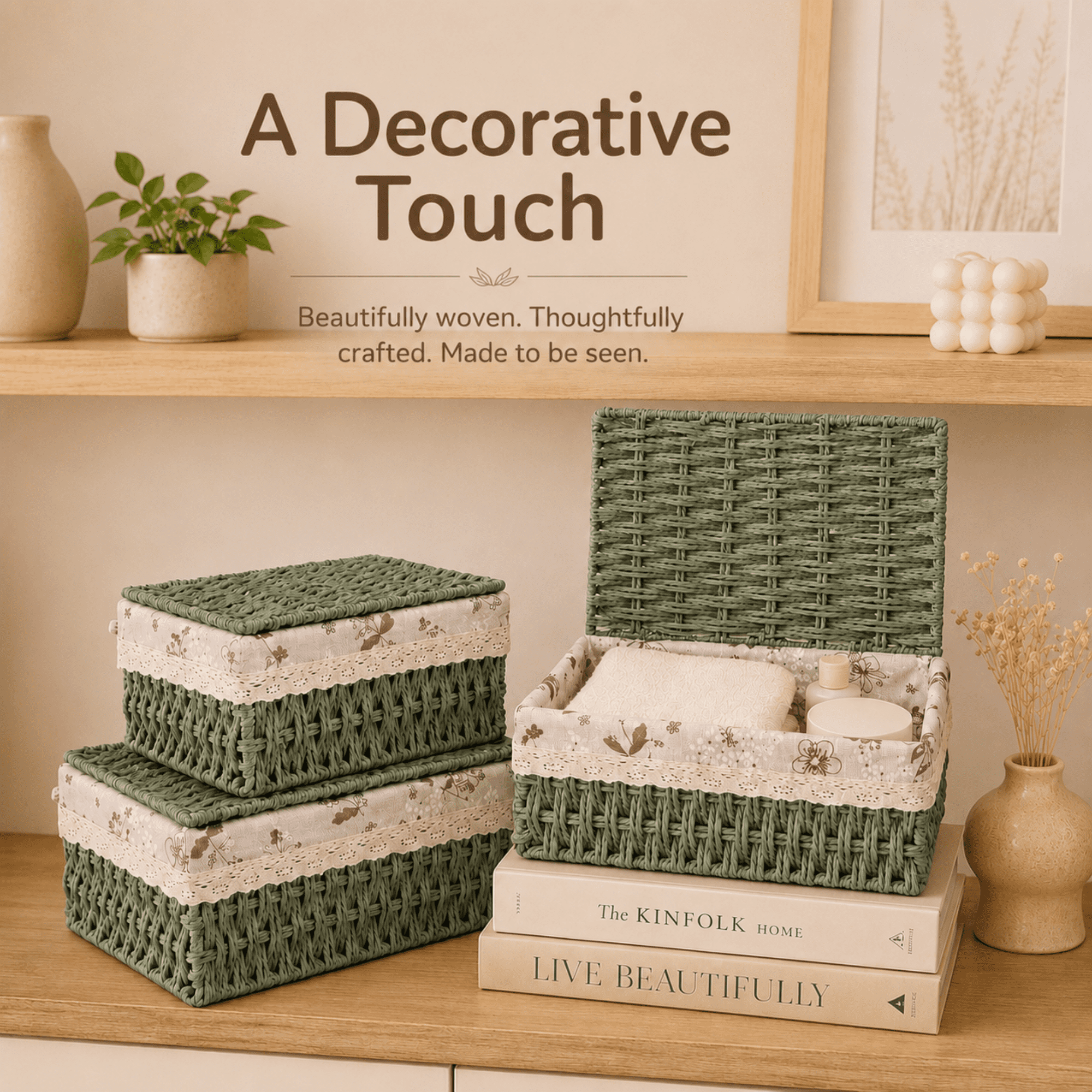 MEHOOM Wicker Woven Set of 3 Storage & Organization, Woven Storage Baskets for Bedroom, Closet, Table, or Living Room (Green)