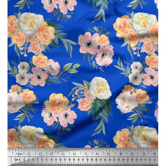 Soimoi Blue polyester Crepe Fabric Anemone & Begonia Floral Decor Fabric Printed Yard 52 Inch Wide