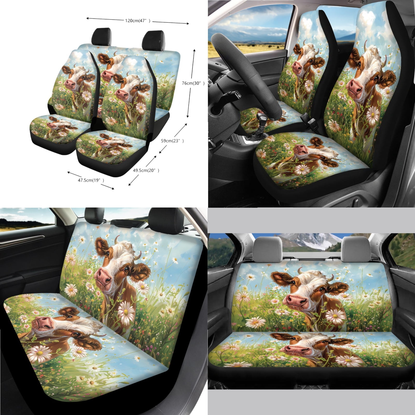 Jeiento Cow 14 PCS Car Seat Covers Set with Steering Wheel Cover Seat Belt Pads Garbage Bag Armrest Seat Box Cover Handbrake Cover Set Rear View Mirror Protector Coasters Interior Auto Accessory
