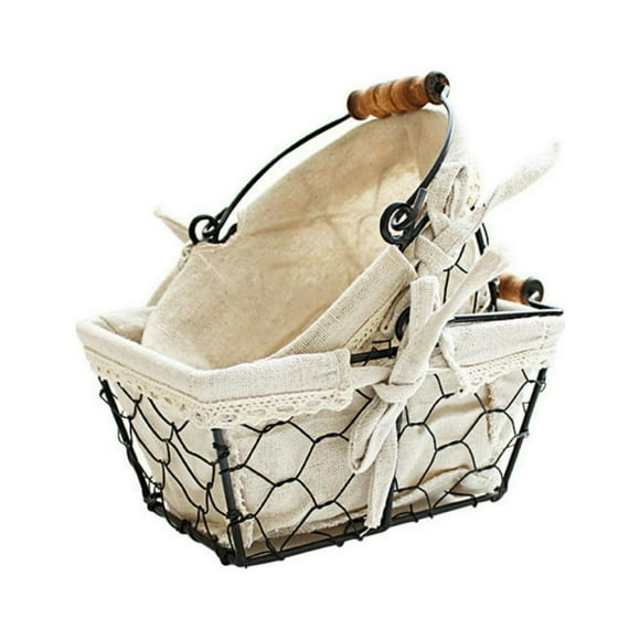 [] Iron Art Wire Sundries Storage Basket With Liner Portable Mini Desktop Storage Baskets with Handles for Breads Snacks Toys Iron Metal Storage Organizers Bins 6.69”*5.31”*5.11”