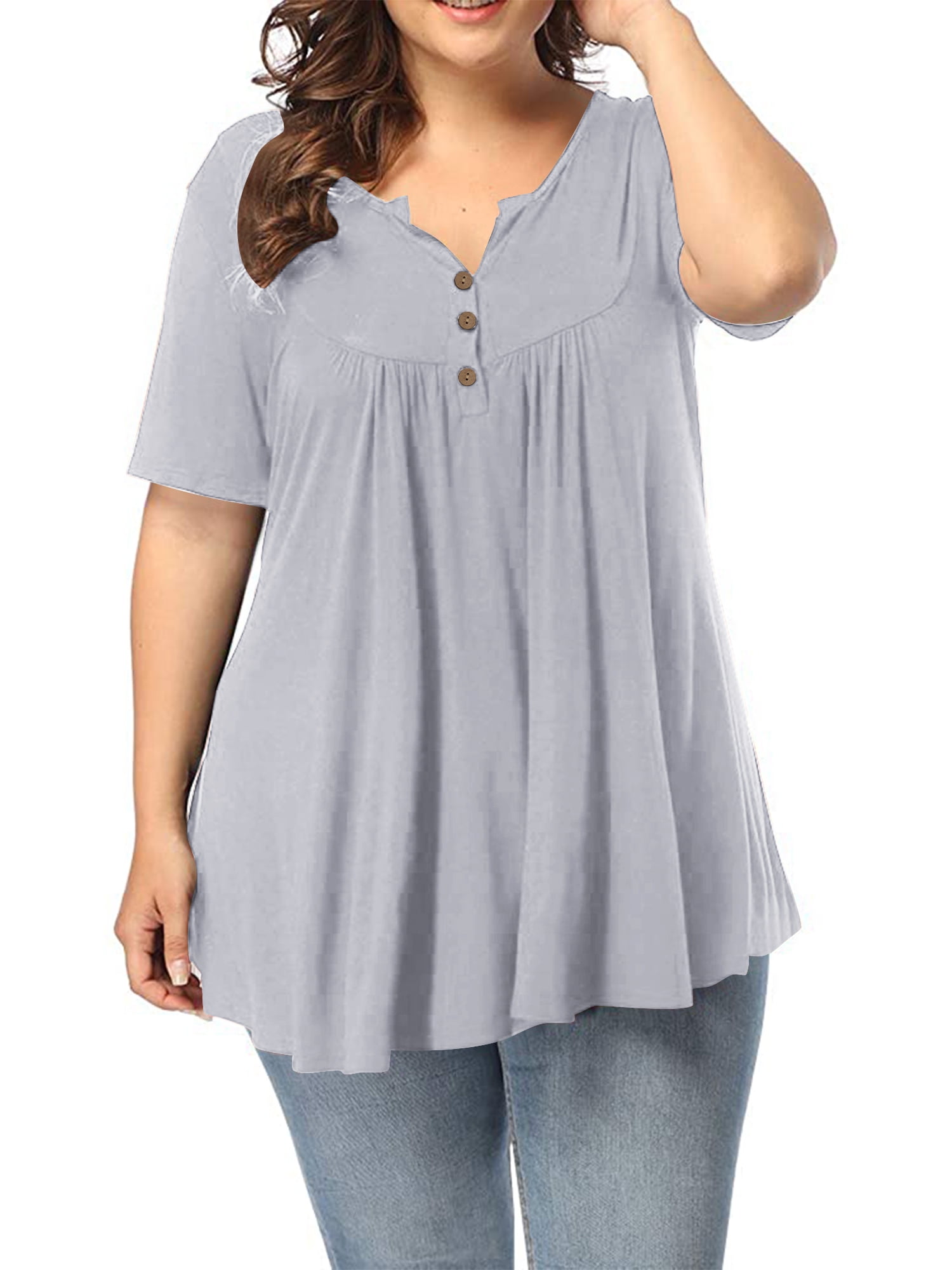 VISLILY Womens Plus-Size Tops Summer Henley Shirts Buttons up Blouses with Pocket 