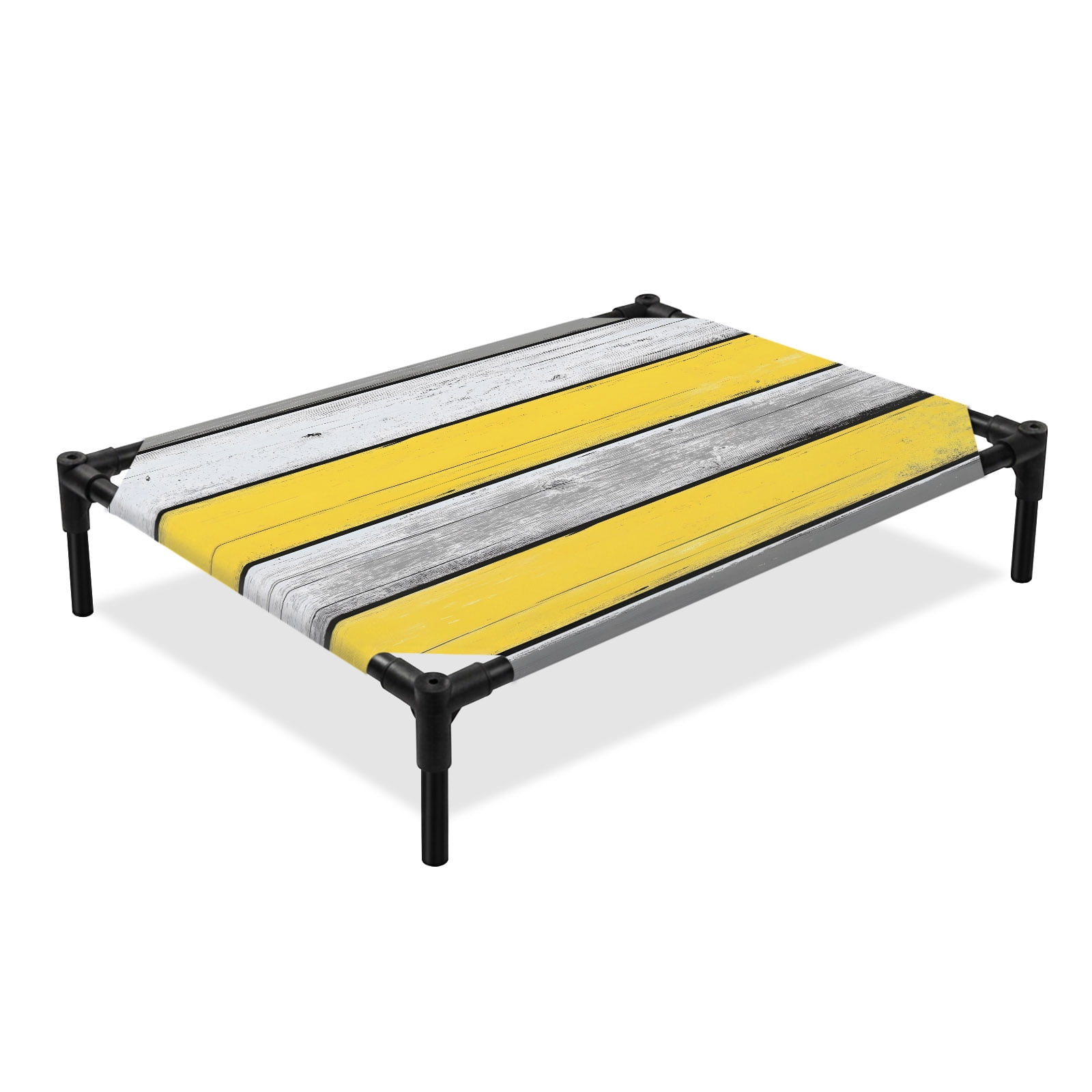 Coastal Style Elevated Dog Bed Retro Gray Yellow Stripes Wood Texture Cooling Breathable Outdoor Raised Dog Cot Bed with Metal Frame Non-Slip Feet for Large Dog 28x22in