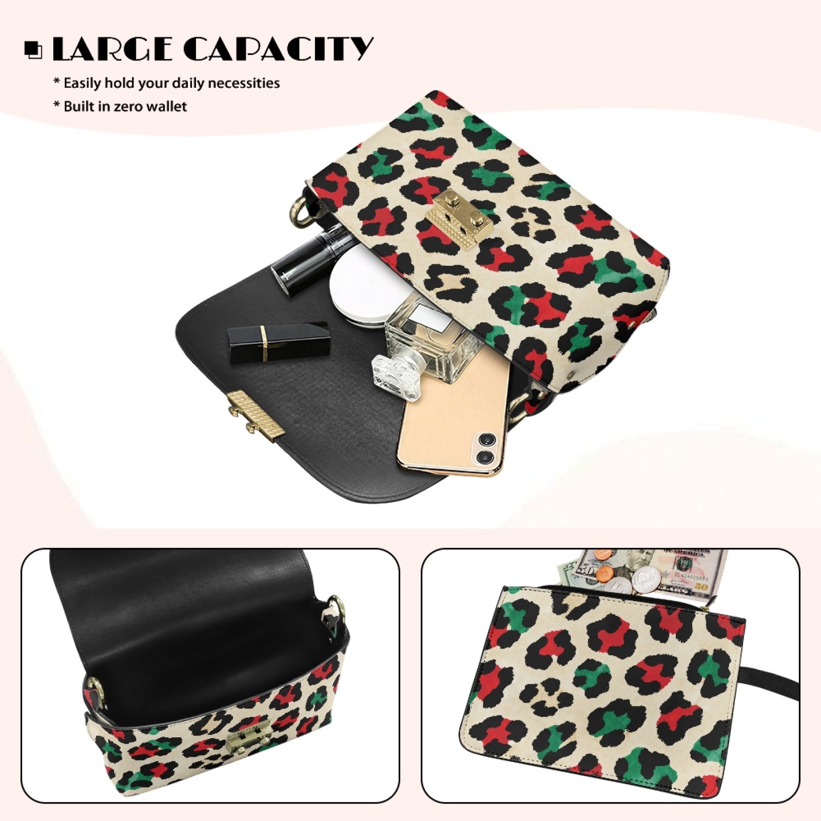 SCRAWLGOD Christmas Leopard Print Small Crossbody Bag Women's Crossbody Purse PU Leather Crossover Shoulder Bag Cross Body Handbags with Small Shoulder Purses