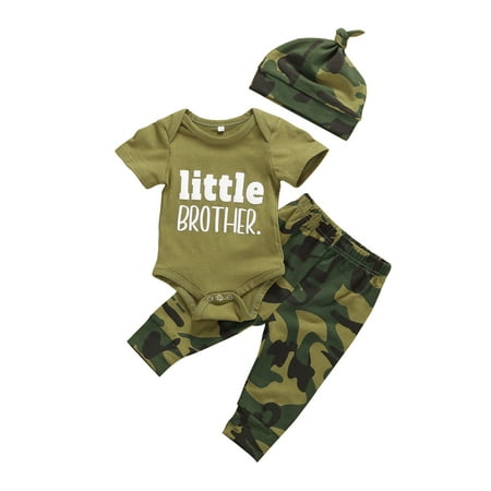 

TheFound Little/Big Brother Match Clothes Toddler Baby Boy Short Sleeve Romper Top Pants Hat 3PCs Summer Camo Outfits