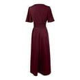 thumbnail image 4 of MIXUE Summer Dresses for Women Solid Color V Neck Short Sleeve High Waist Elegant Side Slit Evening Wedding Party Maxi Dress Streetwear,Red,M, 4 of 5