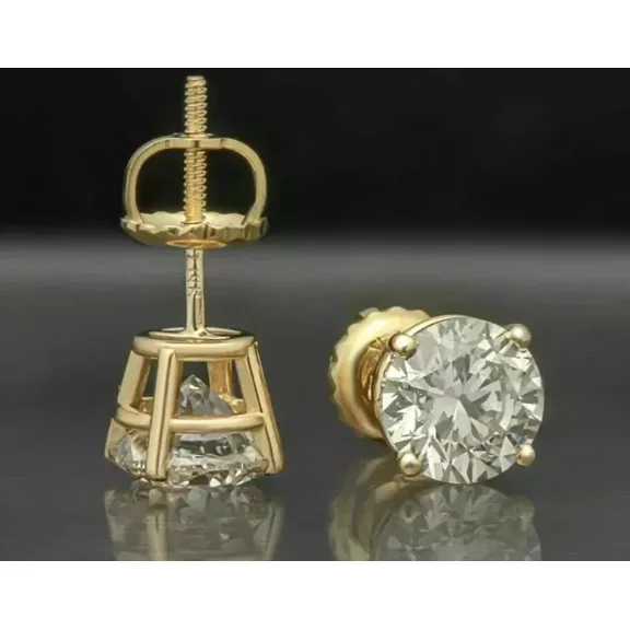 Solitaire Stud Earrings 2ct Round Cut Lab-Created Diamond 14k Yellow Gold Plated