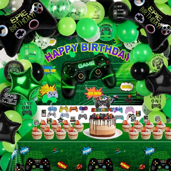 iTi Direct Video Game Birthday Party Decorations - 164PCS Gamer Birthday Party Decorations for Boys Include Balloons,Backdrop,Tablecloth,Stickers,Toppers