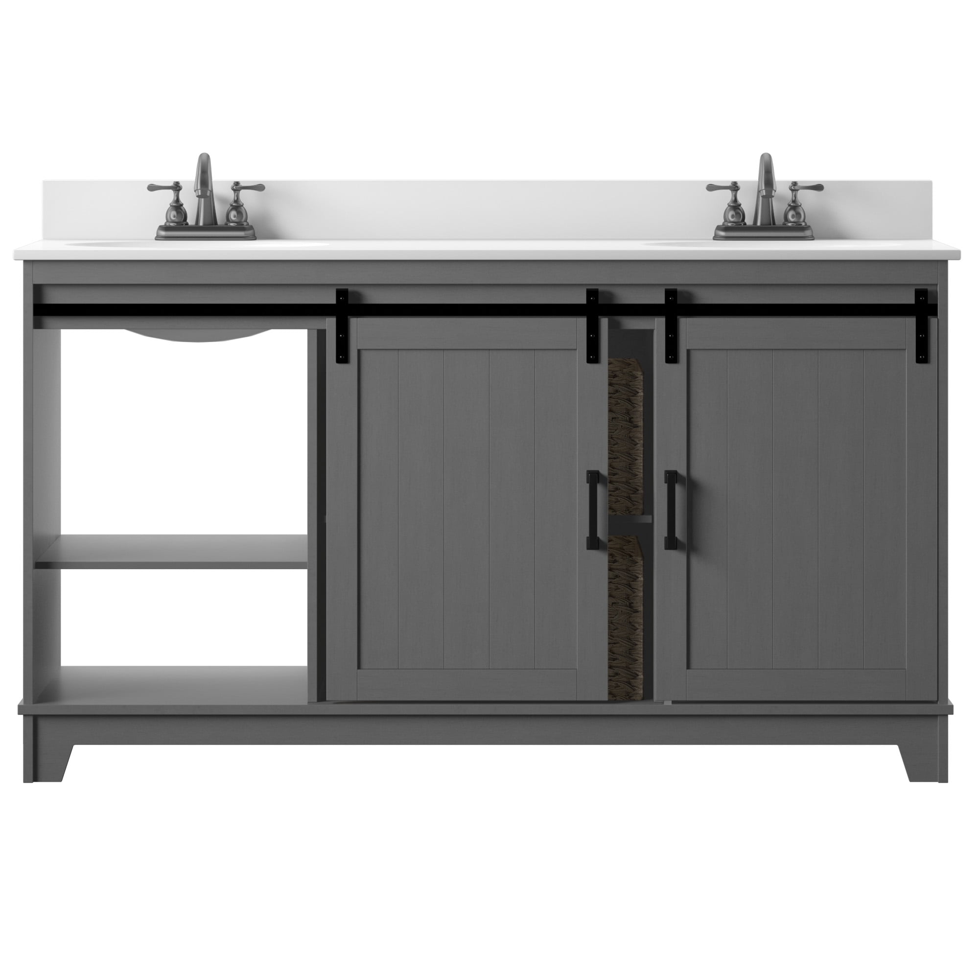 Twin Star Home 60" Sliding Barn Door Double Sink Bathroom Vanity with 4 Woven Baskets