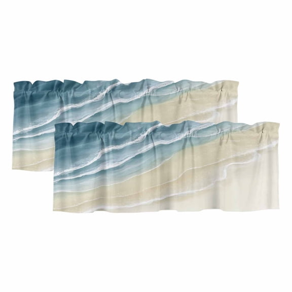 2 Panels Haze Blue Beach Coastal Valance for Windows, Summer Ocean Nautical Seaside Light Filtering Kitchen Curtains, Rod Pocket Window Treatment Curtain Valances for Living Room Bedroom, 42"x18"