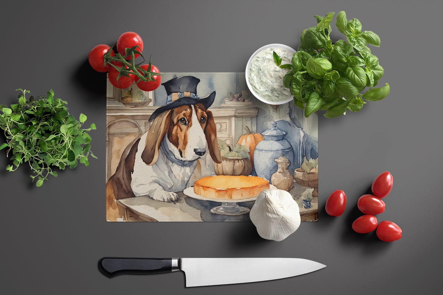 Basset Hound Fall Kitchen Pumpkins Glass Cutting Board Large 12 in x 15 in