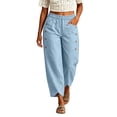 thumbnail image 2 of Miluxas Women's Lightweight Wide Leg Pants Elastic High Waist Cropped Harem Trousers with Pockets Summer Fashion Outfits Blue, 2 of 6