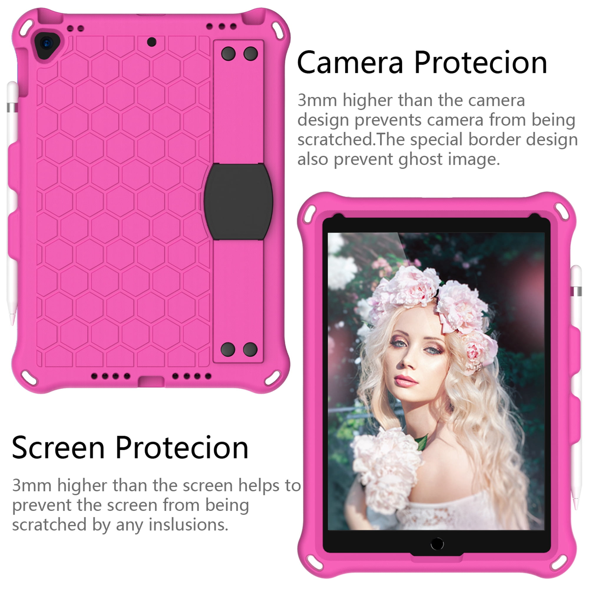 iPad 10.2 2021 Case with Screen Protector, Dteck Shockproof Case for iPad 9th Gen/ iPad 8th Gen / iPad 7th Gen with Removable Shoulder Strap/Hand Strap/Pencil Holder, Heavy Duty Rugged Case,Rose/Black