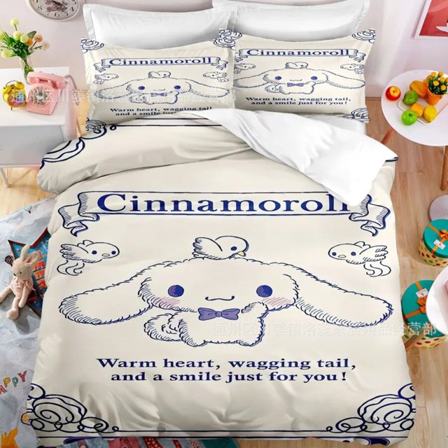 Juego de cama de dibujos animados de Anime Sanrio, edredón Kawaii Cinnamoroll, funda nórdica, funda de almohada, juego de cama para niños y niñas, Twin King Size