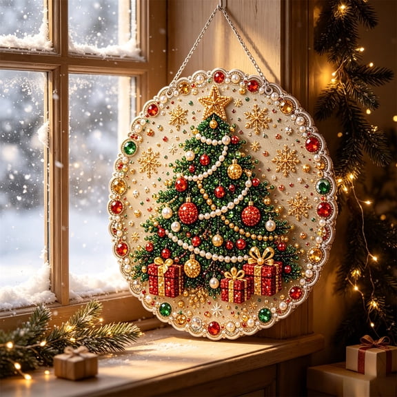 SCNOR Christmas Tree Diamond Painting Hanging Ornament DIY Craft Kit for Holiday Wall Decor