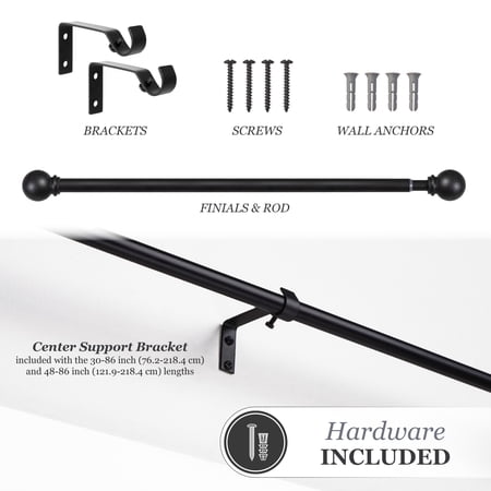 Kenney Chelsea 5/8 Matte Black Single Curtain Rod, 28-48, Black