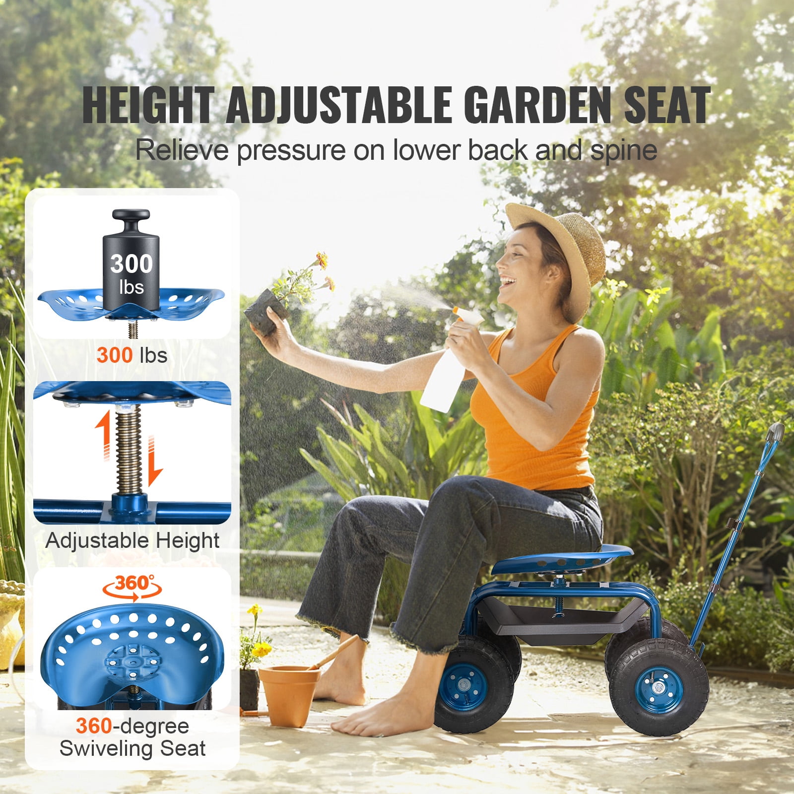 Garden Cart Rolling Workseat with Wheels, Gardening Stool for Planting, 360 Degree Swivel Seat, Wagon Scooter with Steering Handle & Utility Tool Tray, Use for Patio, Yard, and Outdoors, Blue