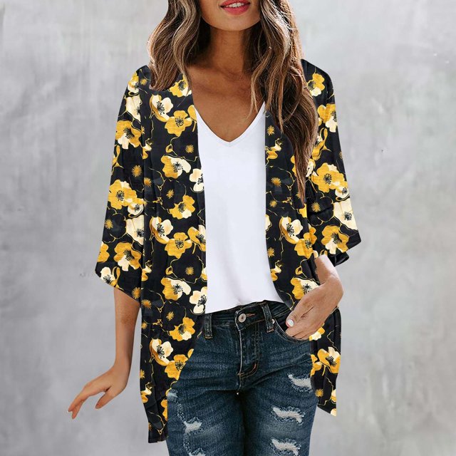 UPPADA Women Boho Floral Print Lightweight Cardigans 3/4 Sleeve Open Front Summer Beach Plus Size Cover ups Top Dressy Open Blouses Multicolor,XXL