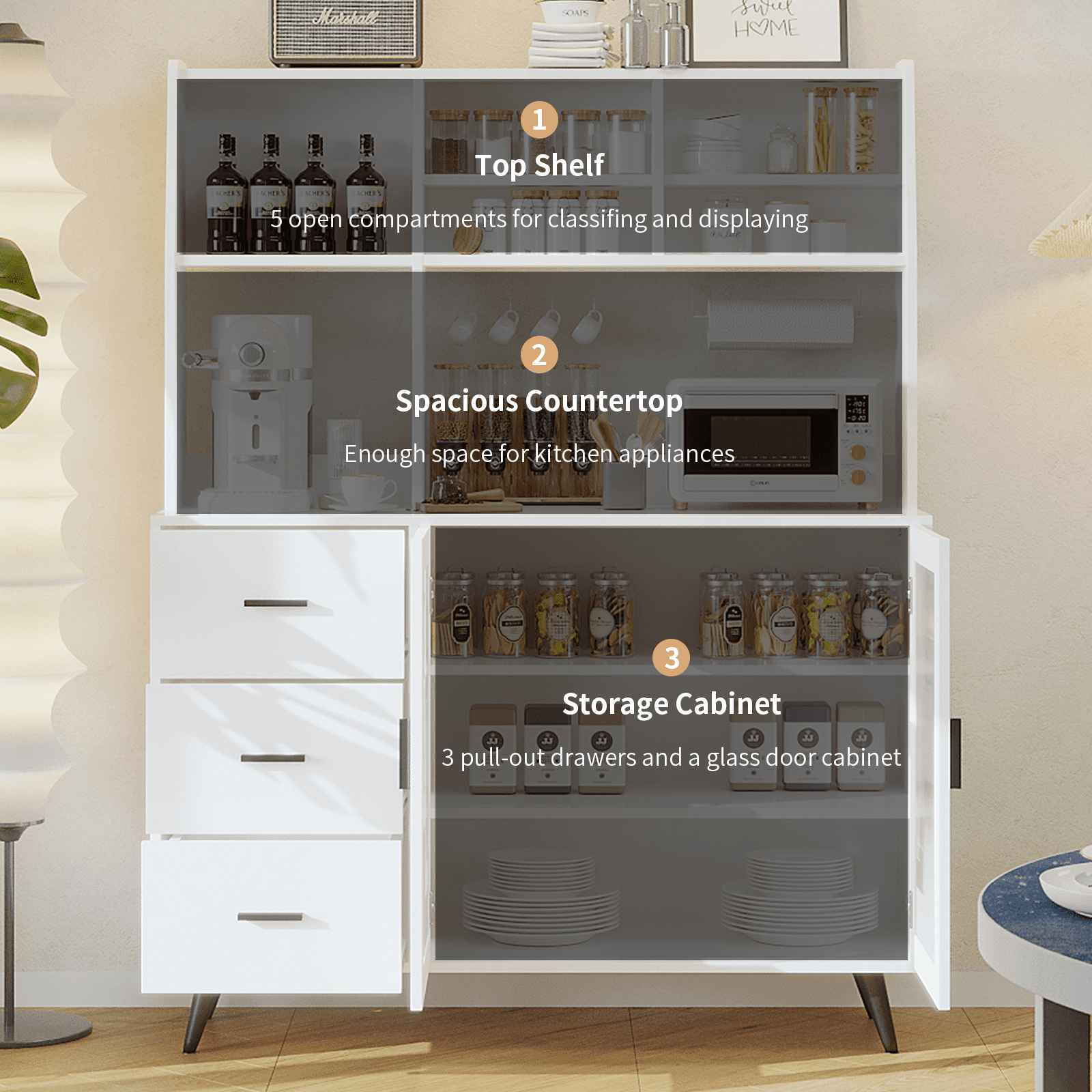 RichYa 59.6"H Kitchen Hutch Cabinet with Glass Door,Freestanding Pantry Storage Cabinets with Countertop & Adjustable Shelves for Dining Room,White