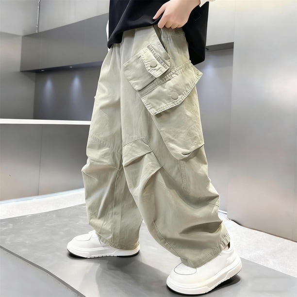 Pantalones largos para niños, de color liso, con cintura elástica, con bolsillos y puños en los tobillos, informales y cómodos, de poliéster para adultos.