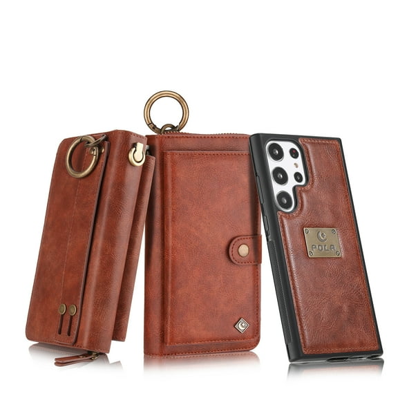 ELEHOLD Multi-Functional Wallet Phone Bag with Case for Samsung Galaxy S24 Plus,Large Capacity Card Slots Zipper Purse Detachable Magnetic Case with Wristband Lanyard for Samsung S24 Plus,Brown