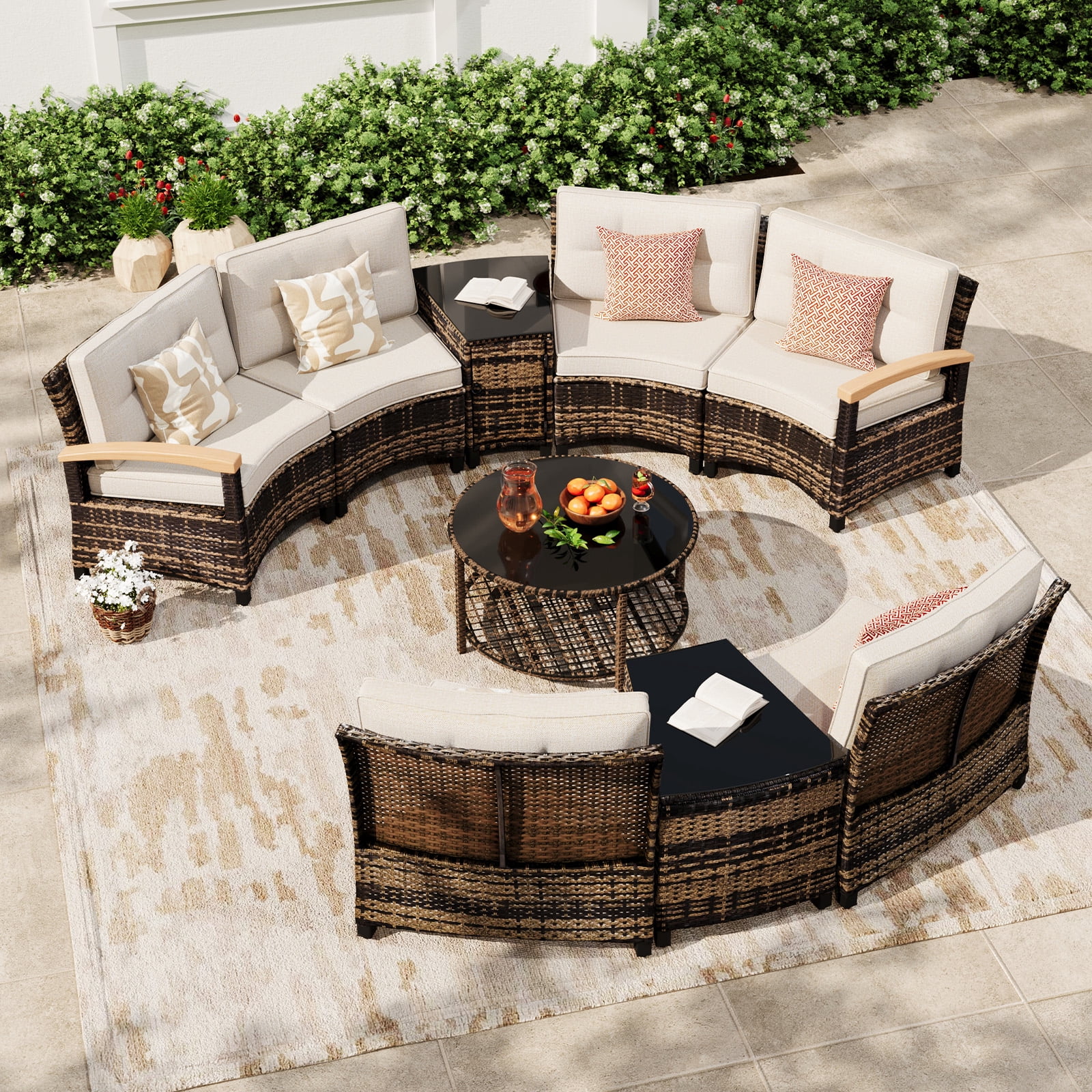 MEISSALIVVE 9-Piece Half-Moon Curved Outdoor Patio Furniture Set, Sectional Conversation Sofa with Wood Armrests, Coffee & Side Tables for Backyard Deck Garden, Beige