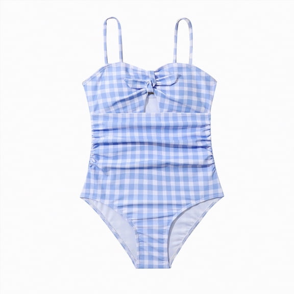 Bosanter Girls Swimsuit One-Piece Bathing Suit Blue Plaid Swimwear Comfortable Breathable Hawaii Swimwear Bathing Suit for Beach, Light Blue 10Y