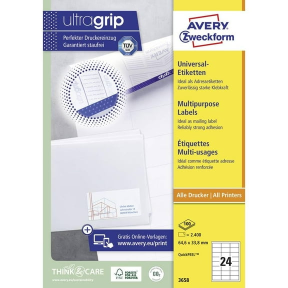 Avery Zweckform 3658Â Address Labels A4Â Pack of 2,400Â Labels 64.6Â x 33.8Â mm Matt Paper (100Â Shee