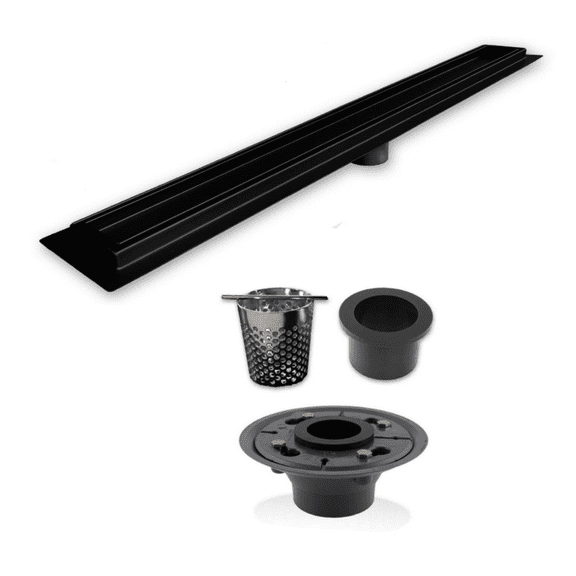Matte Black Tile Insert Linear Drain with 2 Inch ABS Shower Drain Base and Hair Trap, SereneDrains Linear Drain Complete Installation Kit