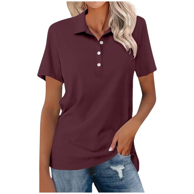 Womens T Shirts Summer Lapel Polo Slim Fit Short Sleeve Solid Color Leisure Lady Tees