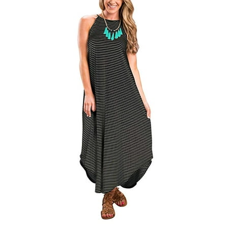 Women's Summer Casual Stripe Sleeveless Loose Beach Maxi Dress