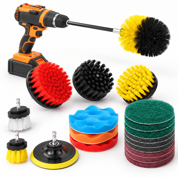 20 Piece Power Scrubber Brush Set With Extendable Rod For Grout, Bathroom, Car Detailing