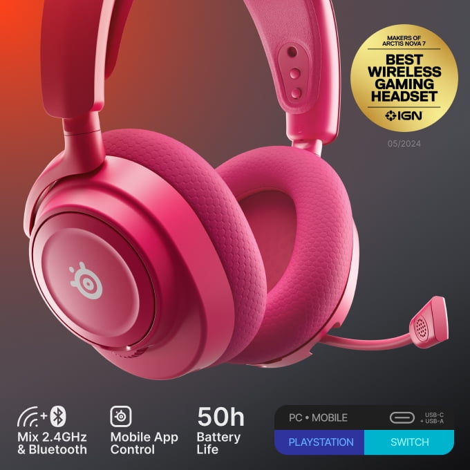 SteelSeries Arctis Nova 7 Wireless Gen 2 Multi-Platform Gaming Headset — Real-Time App Control — 50+ HR — Mixable 2.4GHz/Bluetooth — PC, PS5, PS4, Switch 1/2, Mobile — Magenta