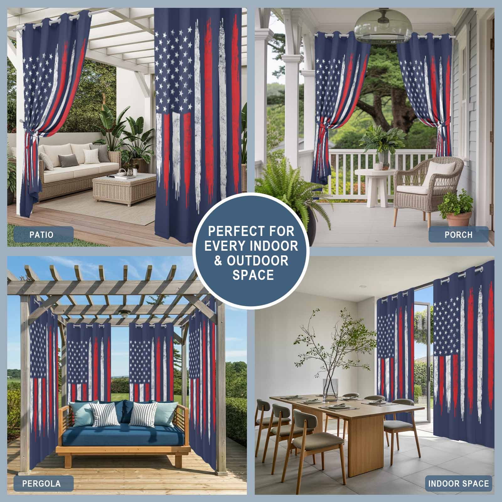 Independence Day Outdoor Curtains for Patio, USA Red White Star Stripes Blue Sunshade Privacy Drapes Grommet Waterproof Outside Curtains for Porch/Cabana/Balcony 54"x 108", 1 Panel