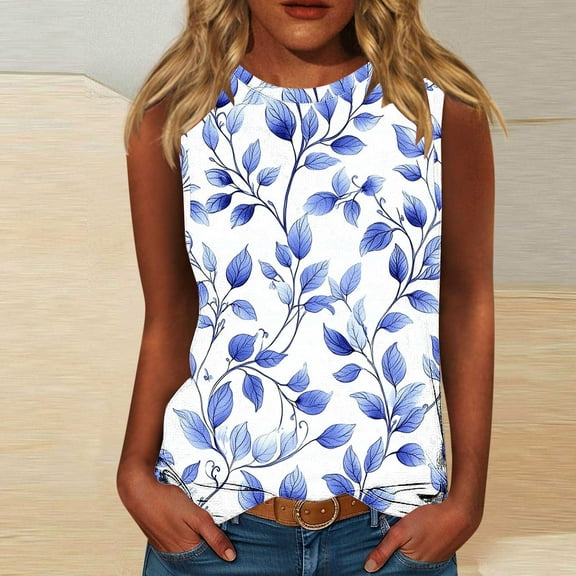 Runfenguu Womens Dressy Tank Tops Tank Tops For Women Ladies' Casual Printed Sleeveless Round Neck Round Neck Western Vests